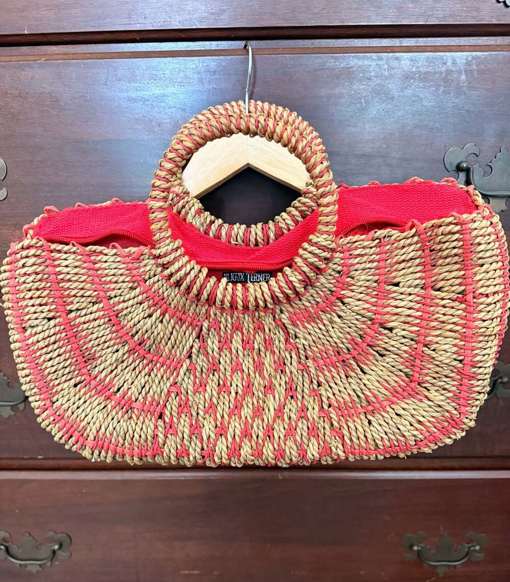 Bijoux Terner Woven Straw Handbag with Round Ring Handles and Red Lining